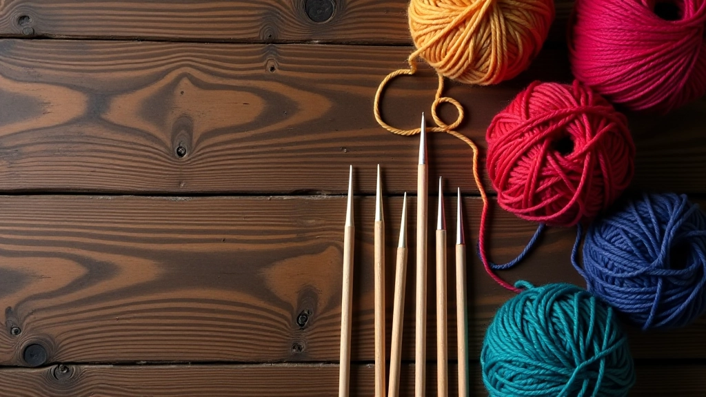 Beginner knitting needles and colorful yarn balls arranged on wooden surface