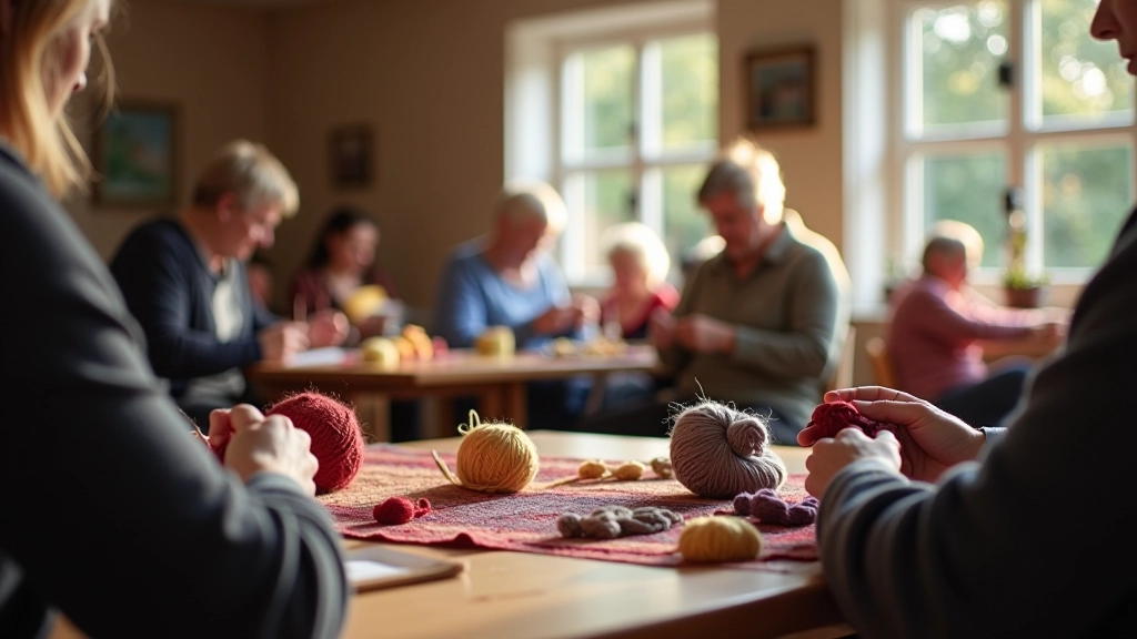 Community hall with long wooden tables where textile crafters sit working on knitting and crochet projects in natural daylight