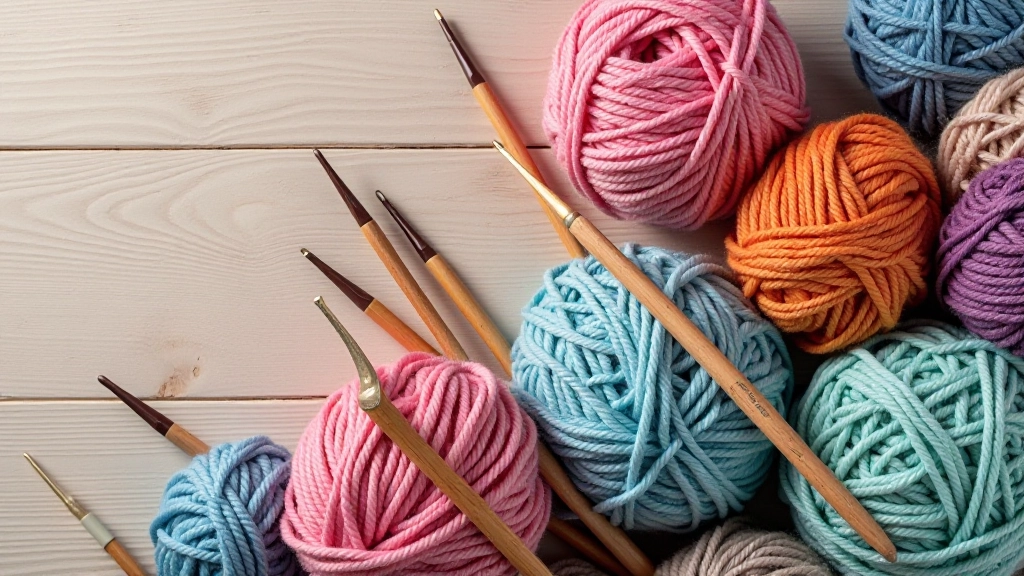 Crochet hooks and yarn in various colours showing different stitch textures