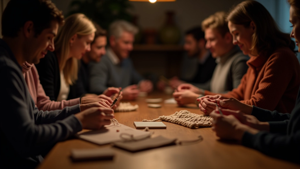 Group of people of various ages working on knitting projects together