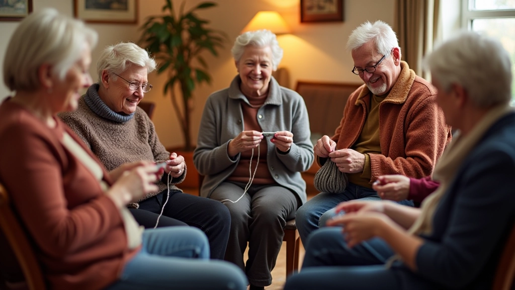 Group of people knitting together in a community space
