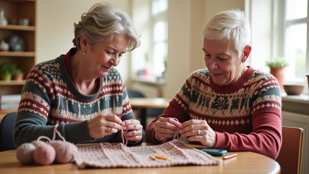 Group of people of various ages working on crochet projects together in a bright community space, showing friendship and collaborative learning