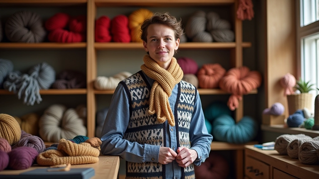 Display of finished knitting projects including scarves, sweaters, and blankets in various colors and patterns arranged on shelf