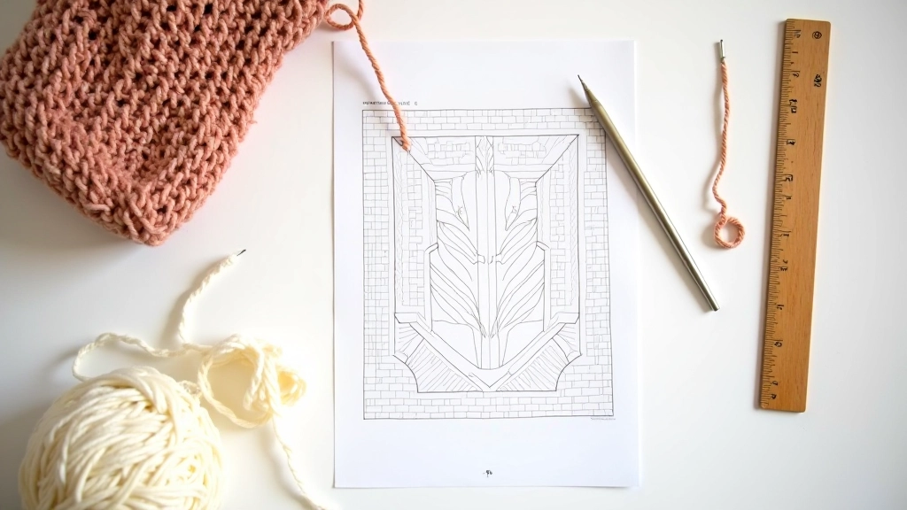 Printed crochet pattern page with abbreviations highlighted, showing chain and stitch symbols alongside a partially completed project matching the pattern