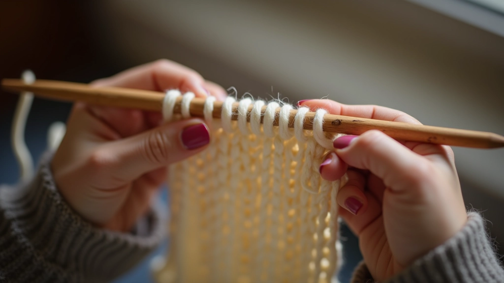 Garter stitch dishcloth in progress on wooden needles with cream-coloured yarn