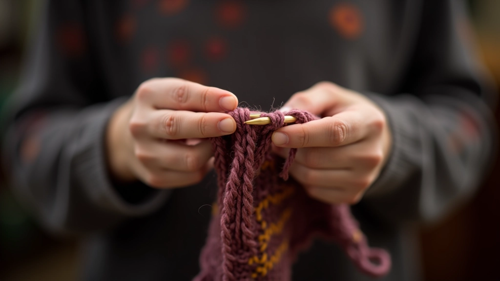 Close-up of hands demonstrating two-colour Fair Isle knitting technique with yarn strands held correctly