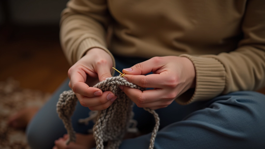 Beginner crocheter working on a simple project with colorful yarn and a wooden crochet hook on a comfortable sofa