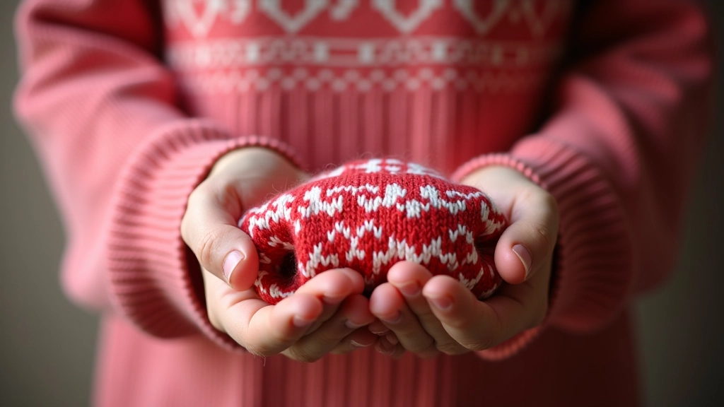 Hands holding completed Fair Isle knitting pattern with traditional red and white design