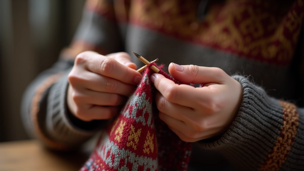 Person holding knitting needles and partially completed Fair Isle pattern cardigan, showing texture and color work details
