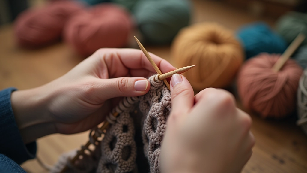 Beginner knitter learning basic stitches with yarn and needles