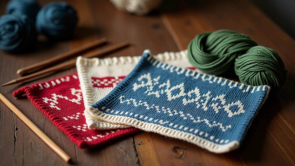 Colourful Fair Isle knitting swatches displaying traditional red, blue, cream, and green geometric patterns arranged in a flat lay