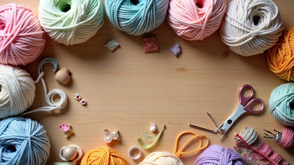 Neatly organized collection of crochet hooks in various sizes, balls of yarn in pastel colors, scissors, and stitch markers arranged on a light wooden table