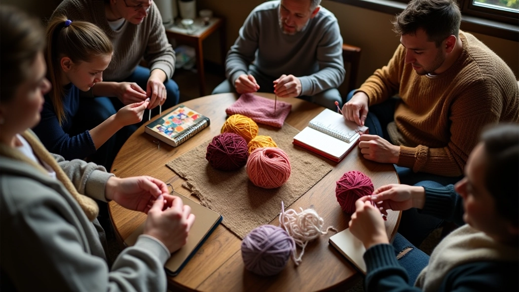 A knitting circle gathering with multiple participants and various textile projects