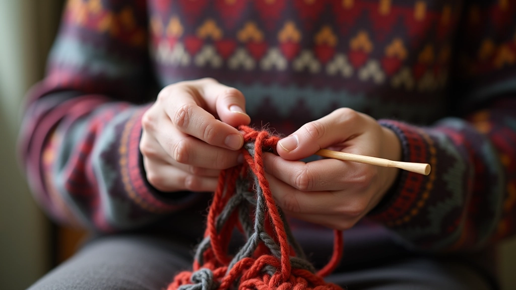 Close-up of hands working on a Fair Isle knitting pattern with colorful yarn