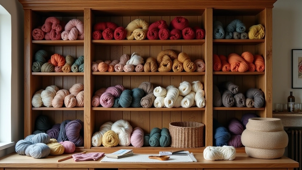 Knitting supplies and completed projects displayed on shelves