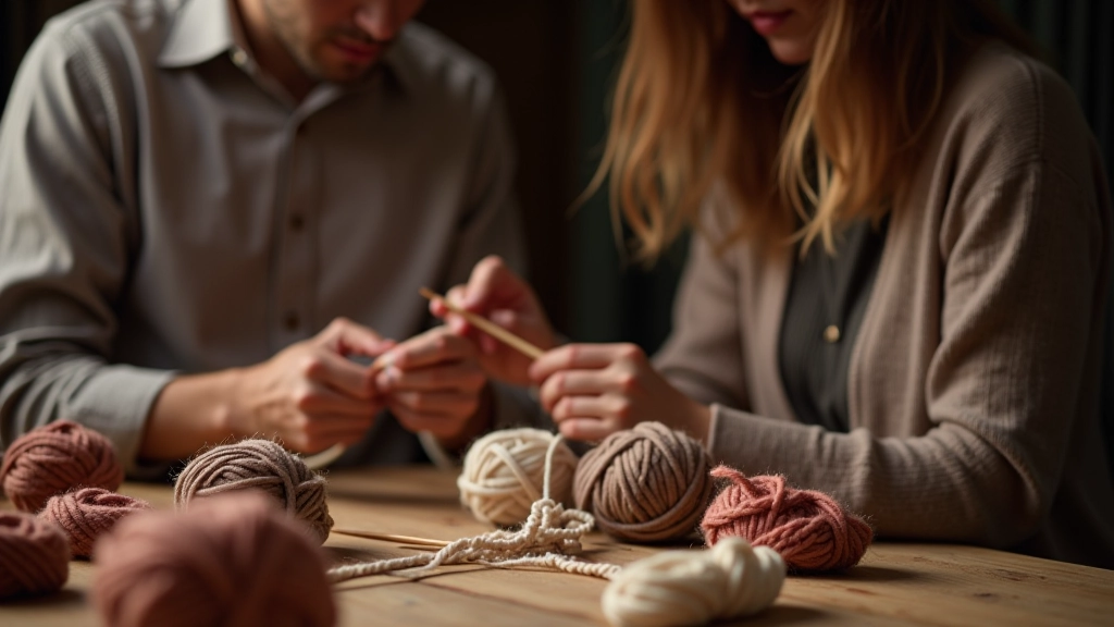 Senior woman teaching younger person knitting technique at wooden craft table with multiple balls of colored yarn