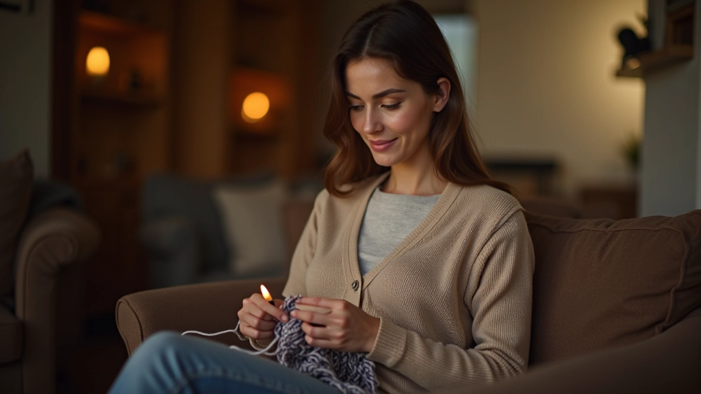 Person relaxing with knitting needles and yarn in comfortable home setting