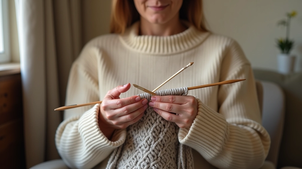 Hands working on traditional Fair Isle knitting pattern with red and white wool