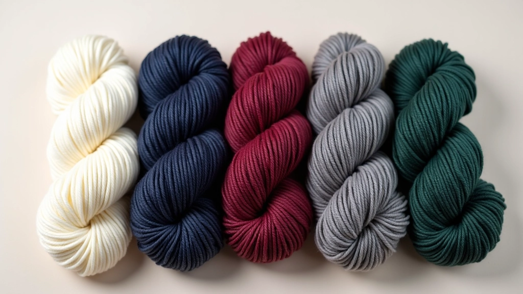 Yarn colour palette showing traditional Fair Isle colour combinations including cream, navy, burgundy, grey, and green skeins
